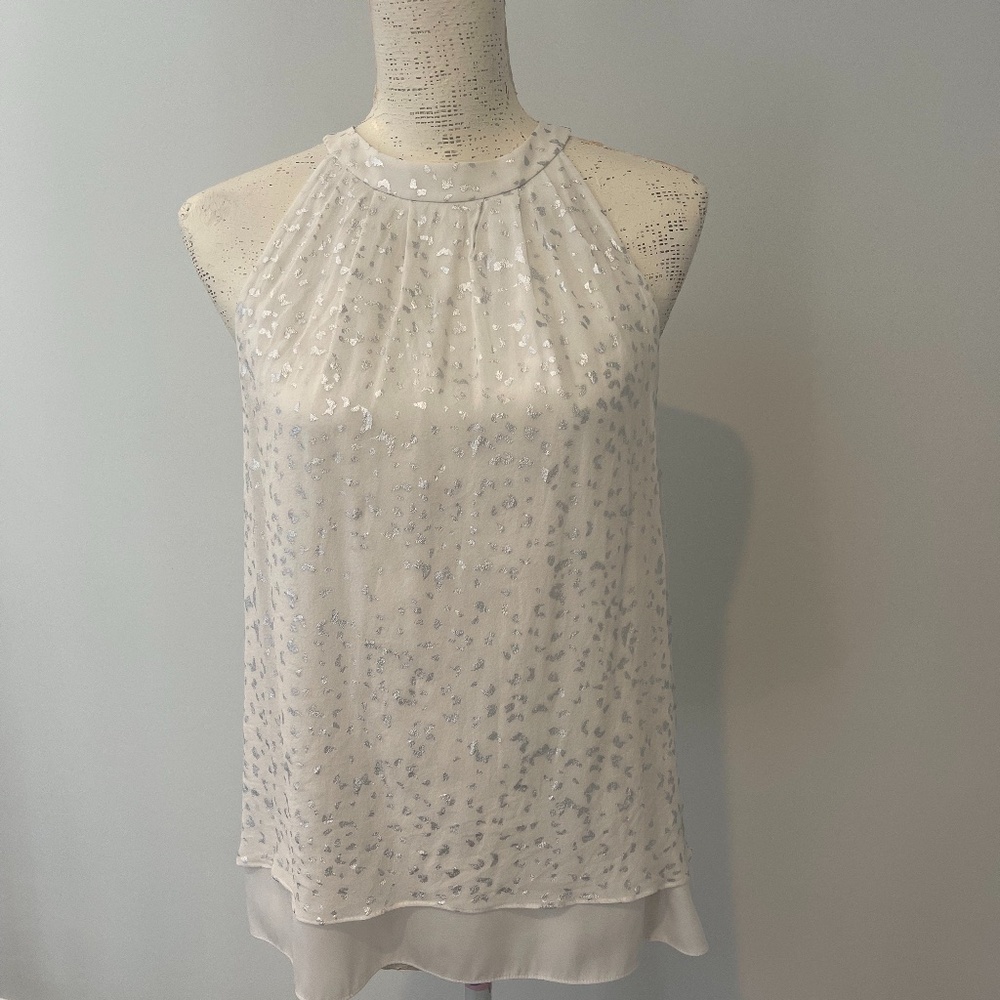 Diane Von Furstenberg White and Silver Silk, Sleeveless Blouse - Size 4